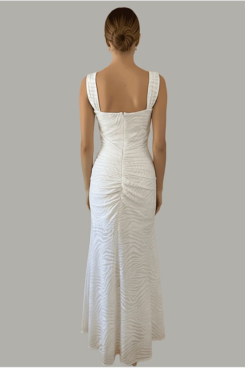 White Mermaid Ruched Waist Sleeveless Flared Hem Midi Dress AV-IMD2257