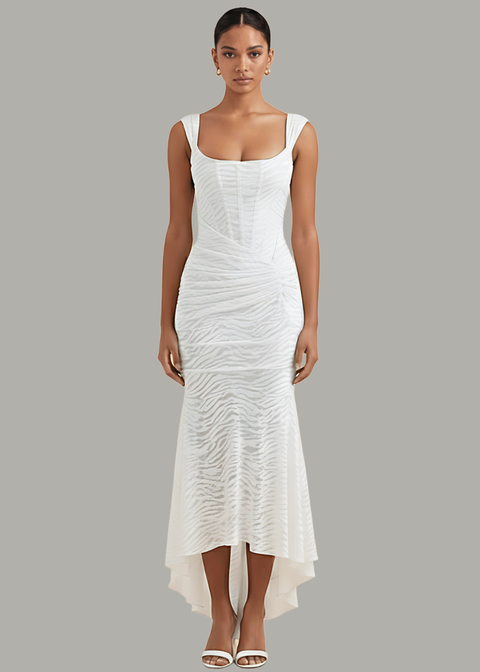 White Mermaid Ruched Waist Sleeveless Flared Hem Midi Dress by Avinci