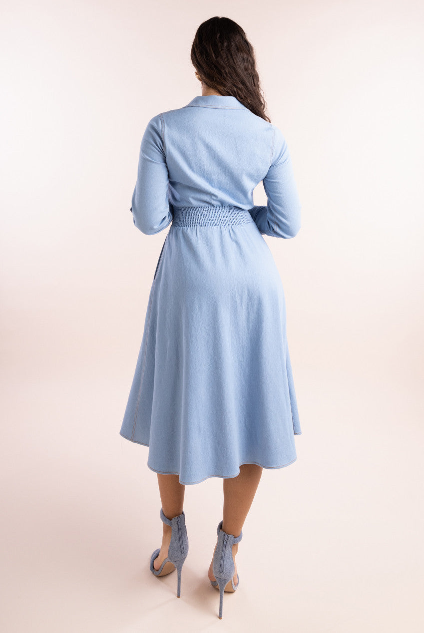 Denim Flared Midi Shirt Dress - Sky Denim DR4119