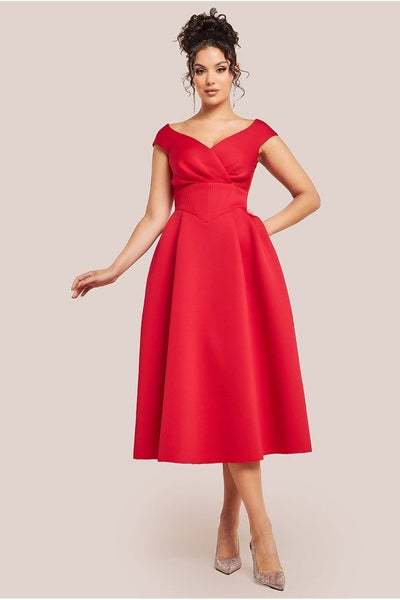 Red - Corset Fit & Flare Midi Dress - Red by Goddiva