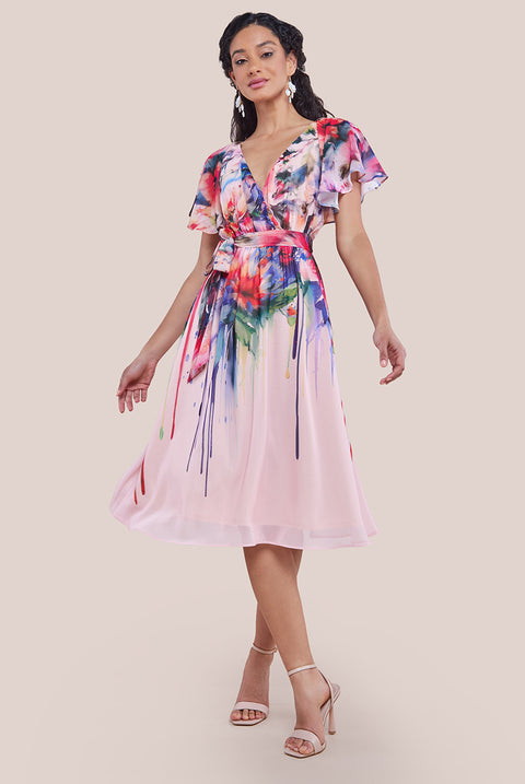 Flutter Sleeve Floral Bodice Midi Dress - Blush DR4330