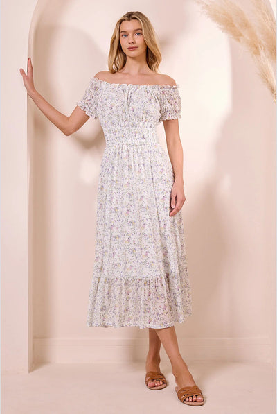 White - White Ditsy Mesh Bardot Maxi Dress by Angeleye
