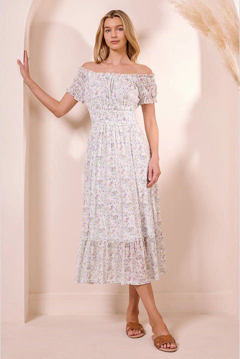 White Ditsy Mesh Bardot Maxi Dress by Angeleye