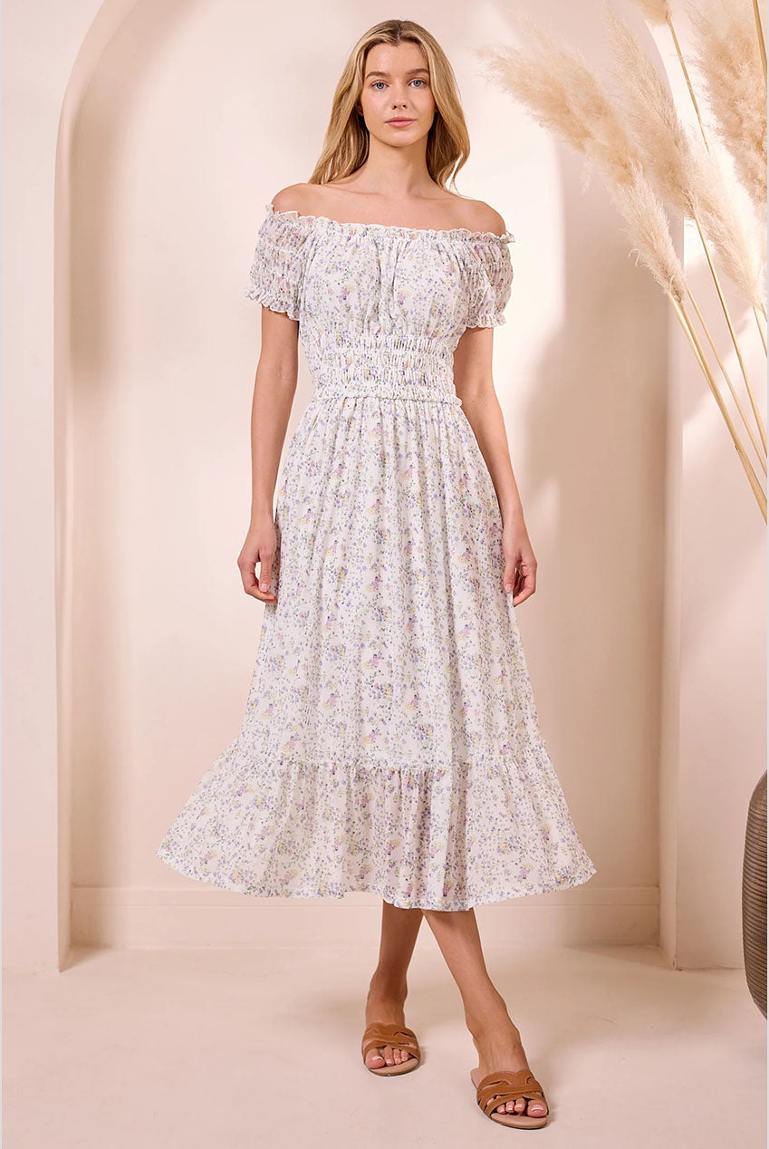 White Ditsy Mesh Bardot Maxi Dress Y040404