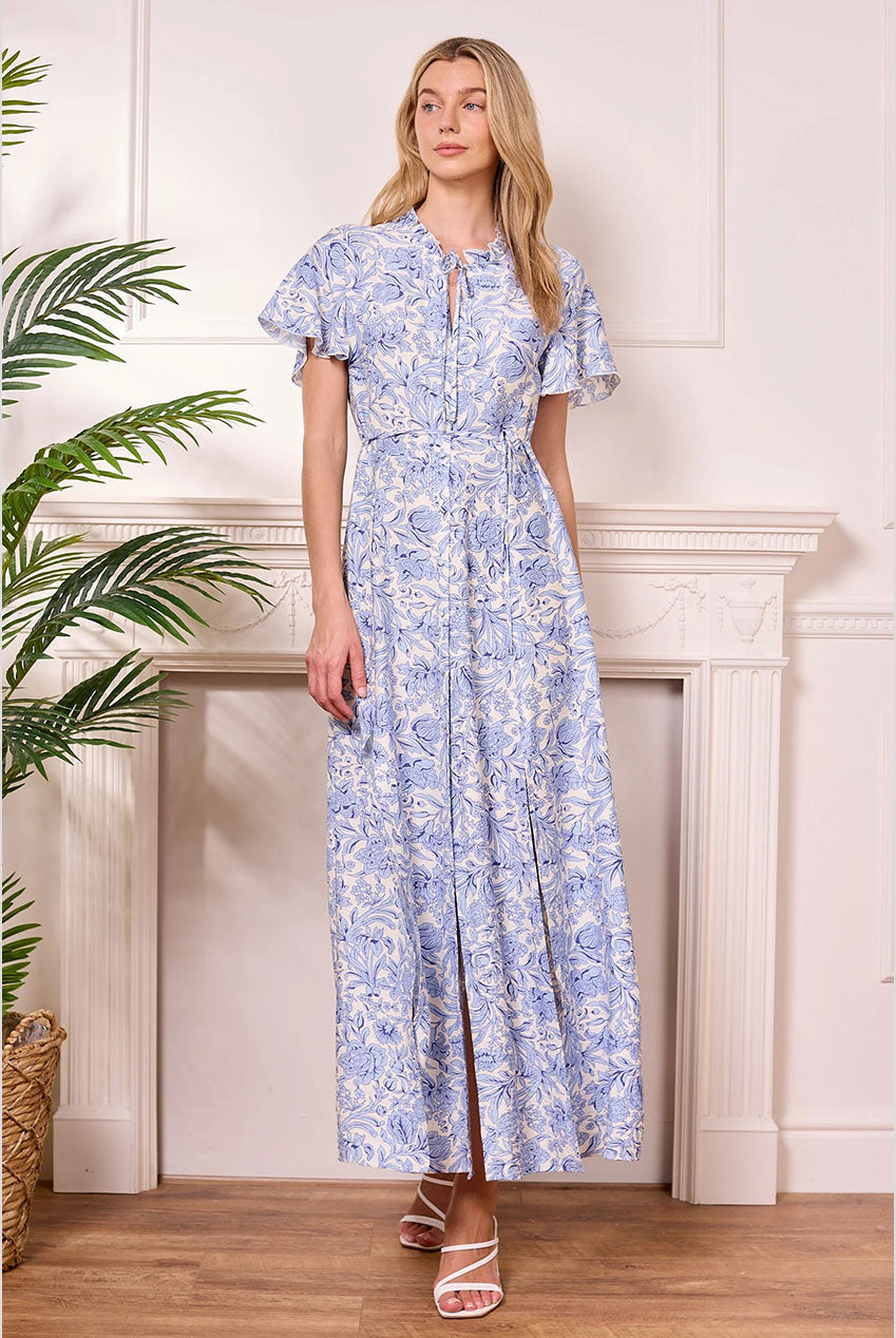 White Summer Maxi Dress With Blue Florals Y042584
