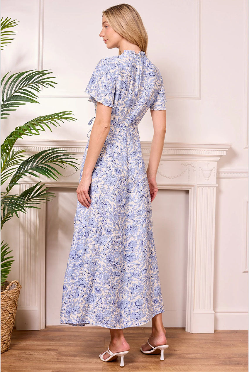 White Summer Maxi Dress With Blue Florals Y042584