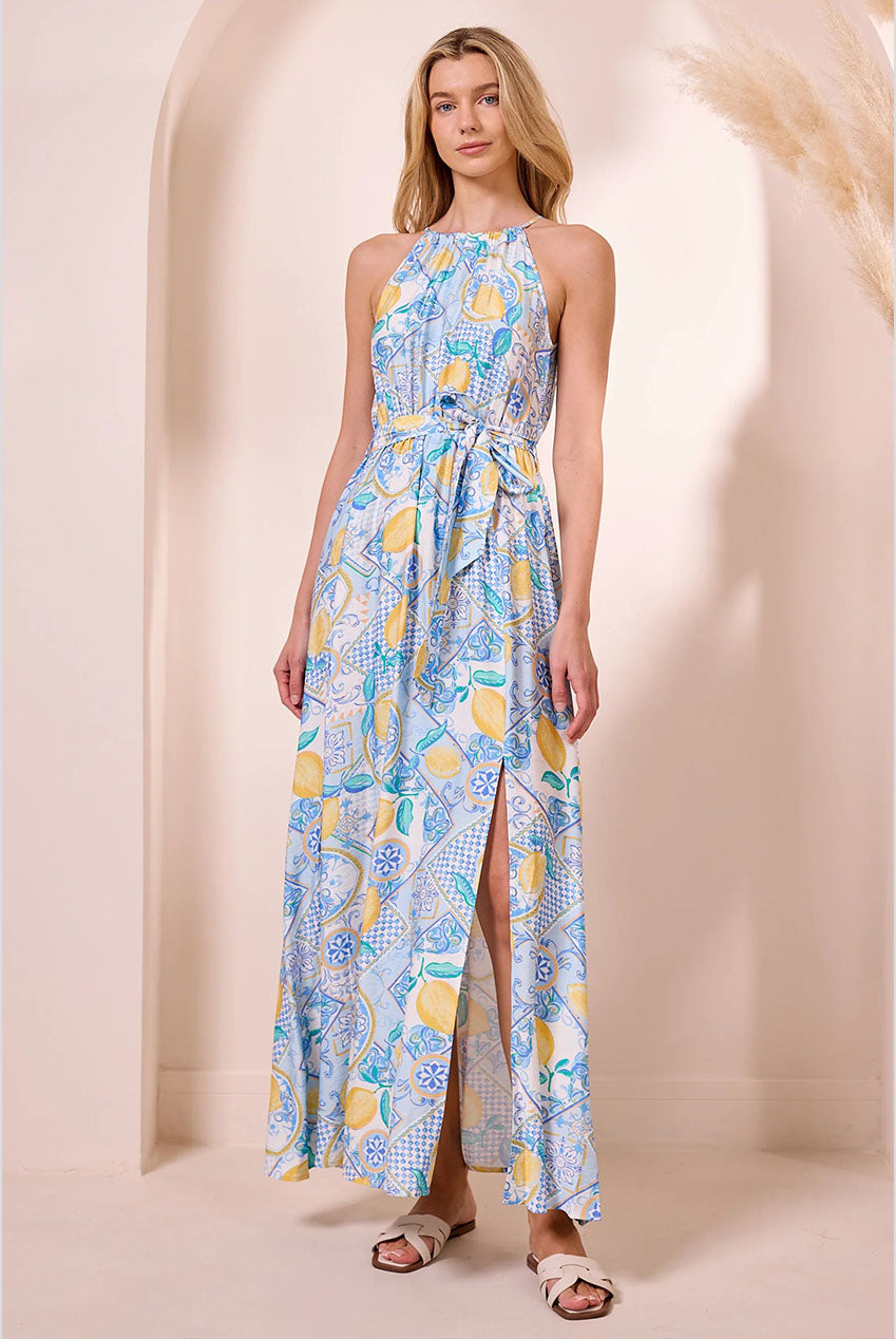 Blue Halterneck Maxi Dress With Lemons Y042585