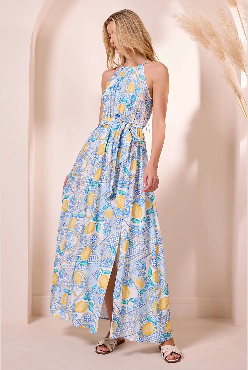 Blue Halterneck Maxi Dress With Lemons Y042585