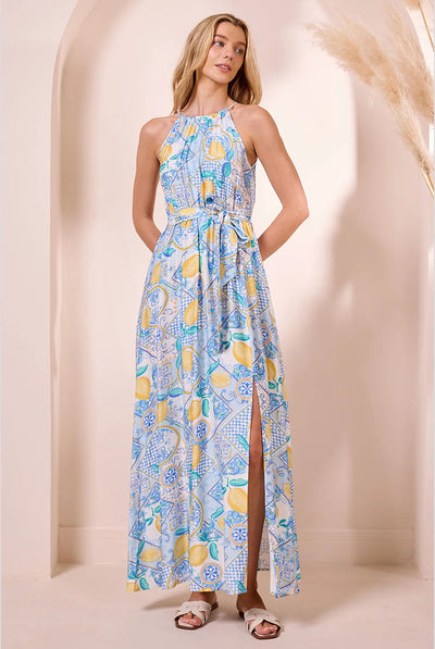 Blue - Blue Halterneck Maxi Dress With Lemons by Angeleye