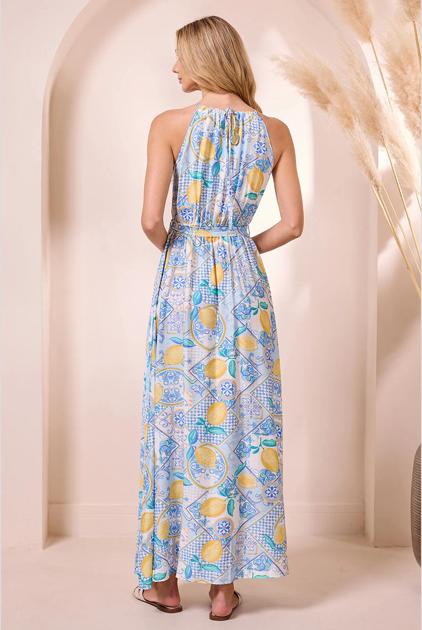 Blue Halterneck Maxi Dress With Lemons Y042585