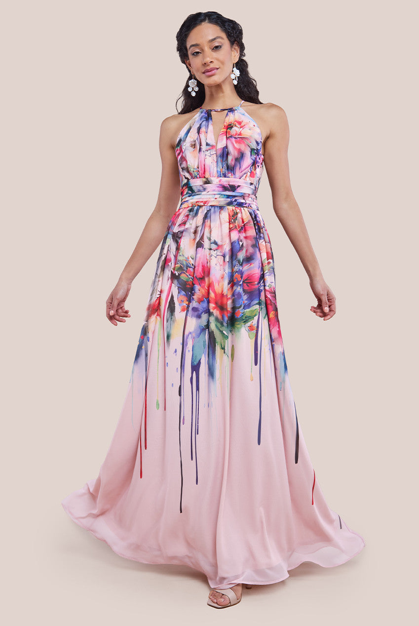 Floral Printed Chiffon Halter Maxi Dress - Blush Floral DR4299