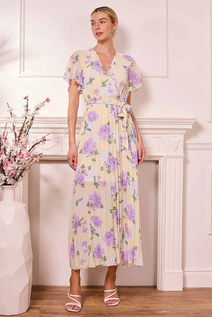 Butter Yellow Pleated Dress With Purple Florals Z042588