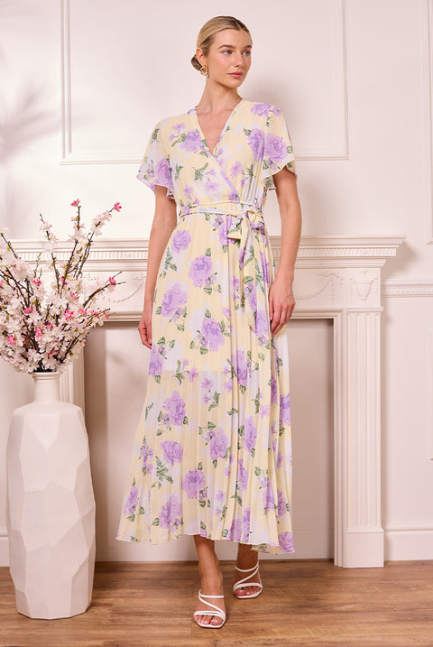 Butter Yellow Pleated Dress With Purple Florals by Angeleye
