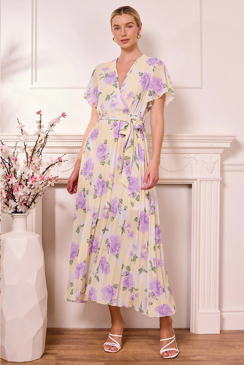 Butter Yellow Pleated Dress With Purple Florals Z042588