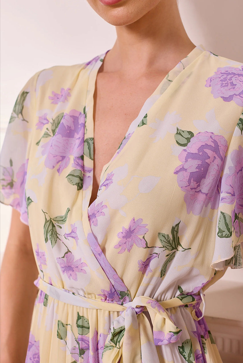 Butter Yellow Pleated Dress With Purple Florals Z042588