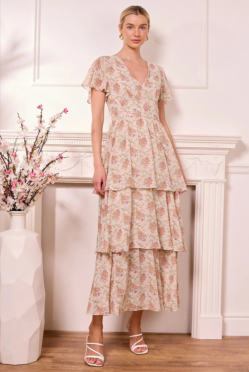 Ditsy Floral Cream Tiered Maxi Dress Z042598
