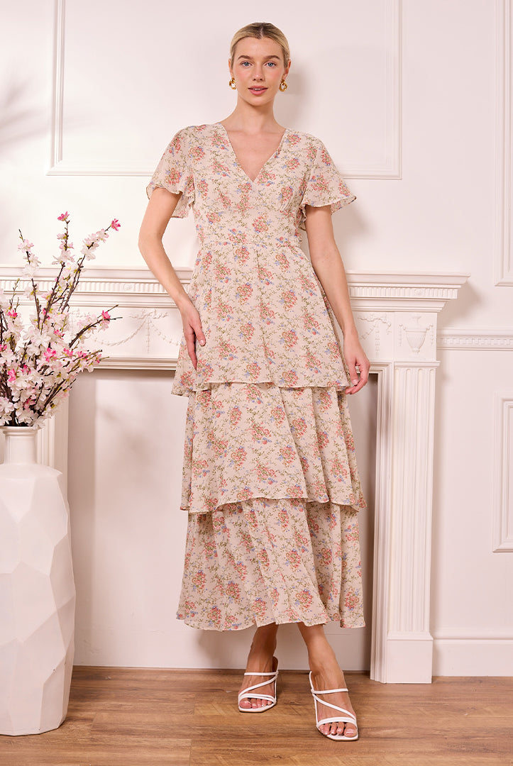 Ditsy Floral Cream Tiered Maxi Dress Z042598CRMF
