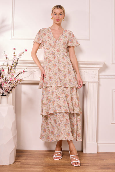 Cream - Ditsy Floral Cream Tiered Maxi Dress by Angeleye