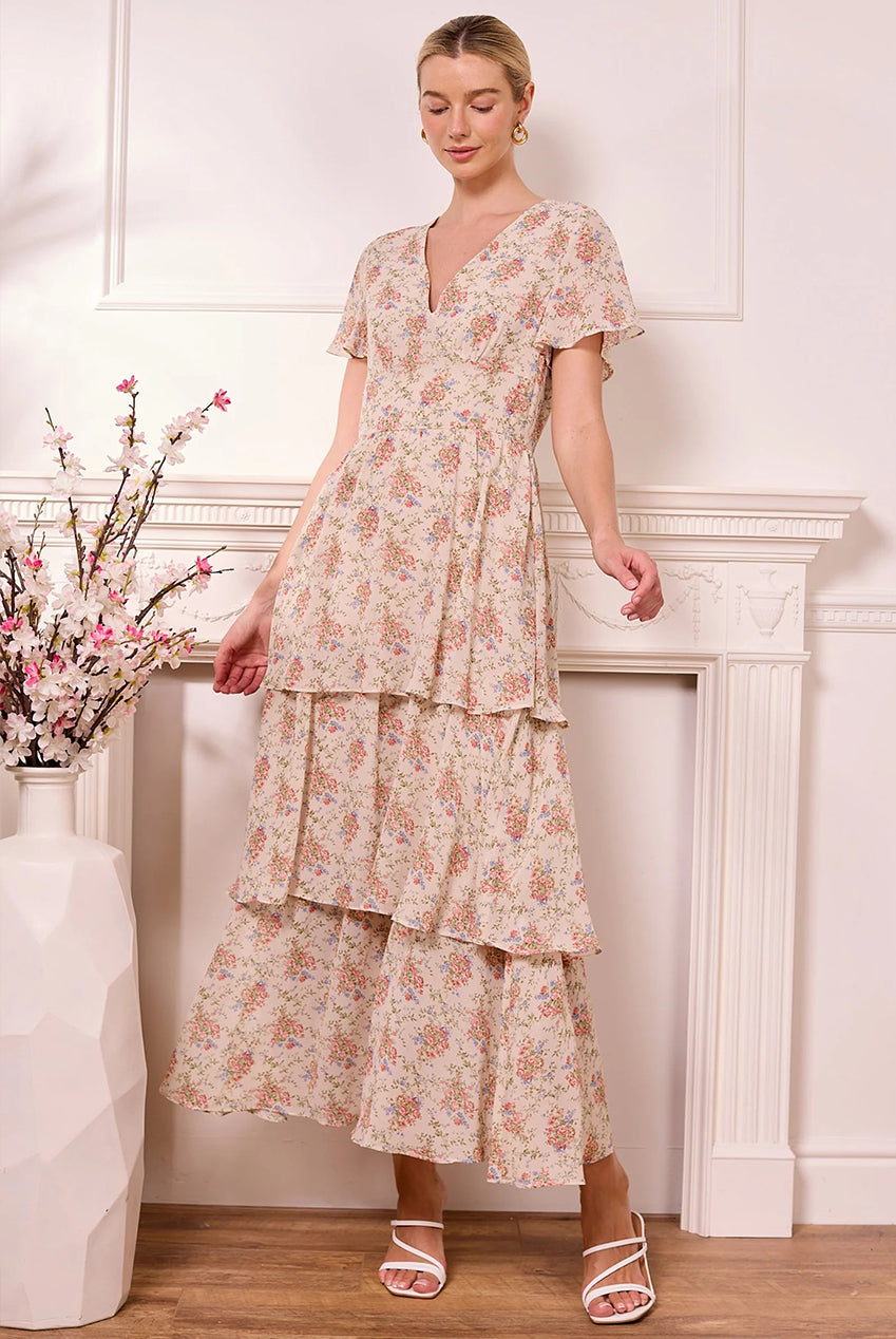 Ditsy Floral Cream Tiered Maxi Dress Z042598