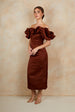 Ruffle Bardot Satin Midi Dress In Chocolate by Chi Chi