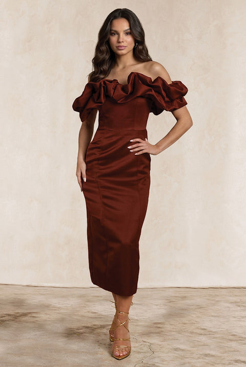 Ruffle Bardot Satin Midi Dress In Chocolate by Chi Chi London