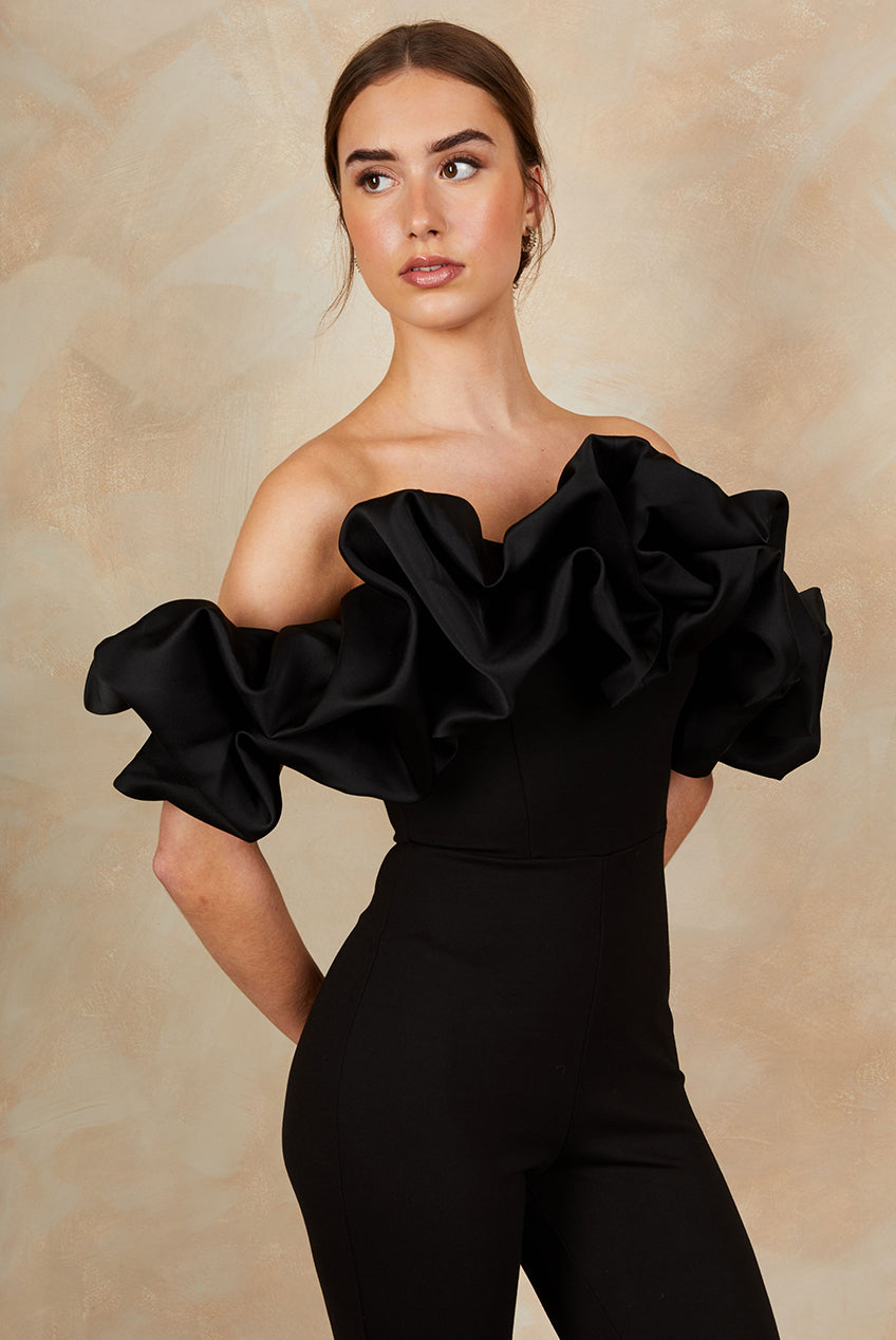 Ruffle Bardot Jumpsuit In Black ZZ250115BK