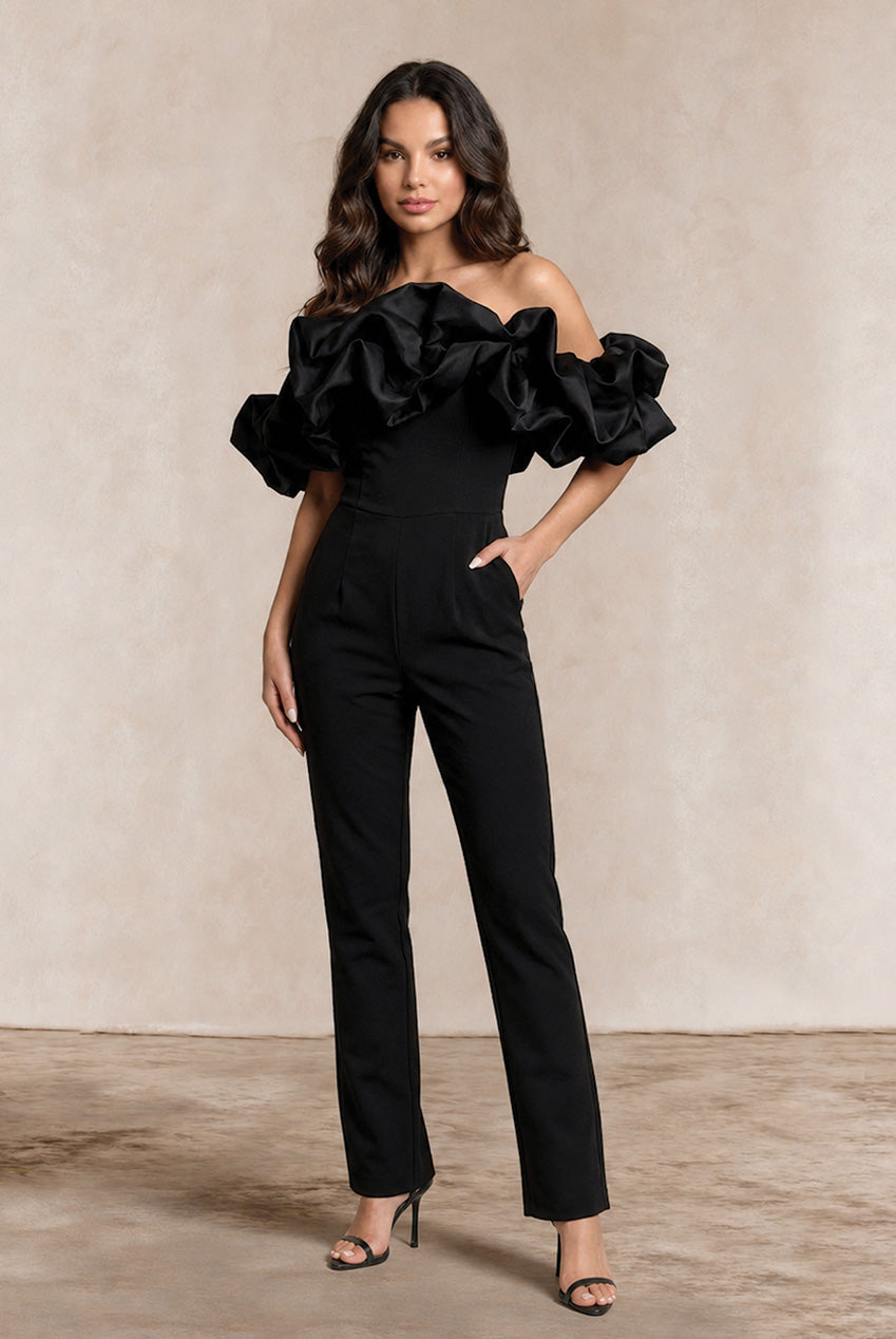 Ruffle Bardot Jumpsuit In Black ZZ250115BK