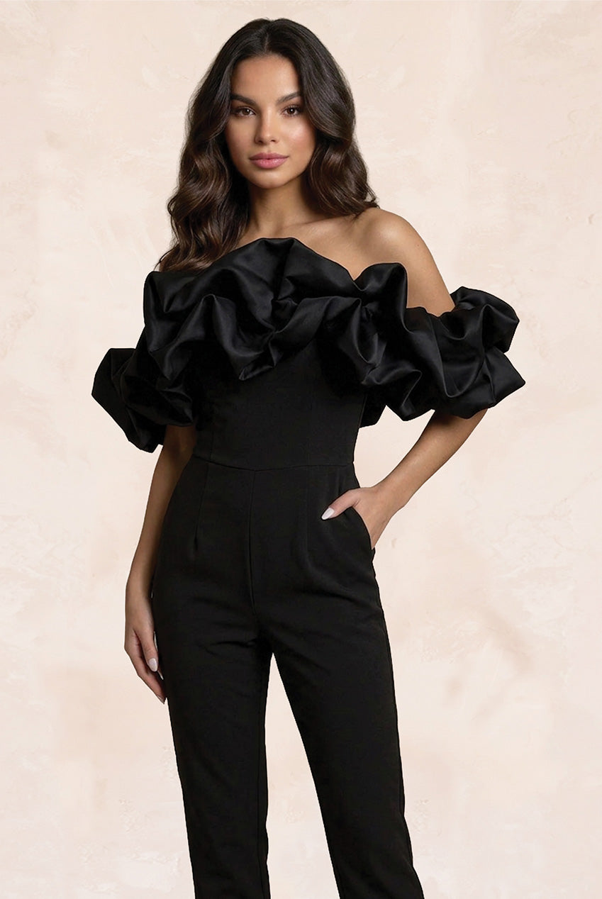 Ruffle Bardot Jumpsuit In Black ZZ250115BK