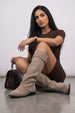Isley Round Toe Gold Trim Buckle Fold Over Knee High Boots In Taupe Suede by Miss Diva