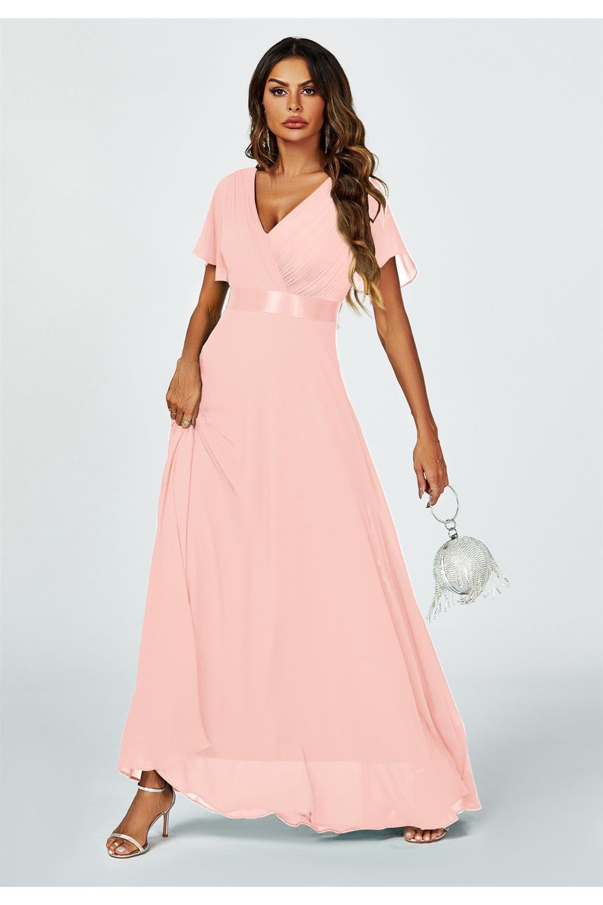 Angel Sleeves Empire Waist Bridesmaid Dress In Pink FS634