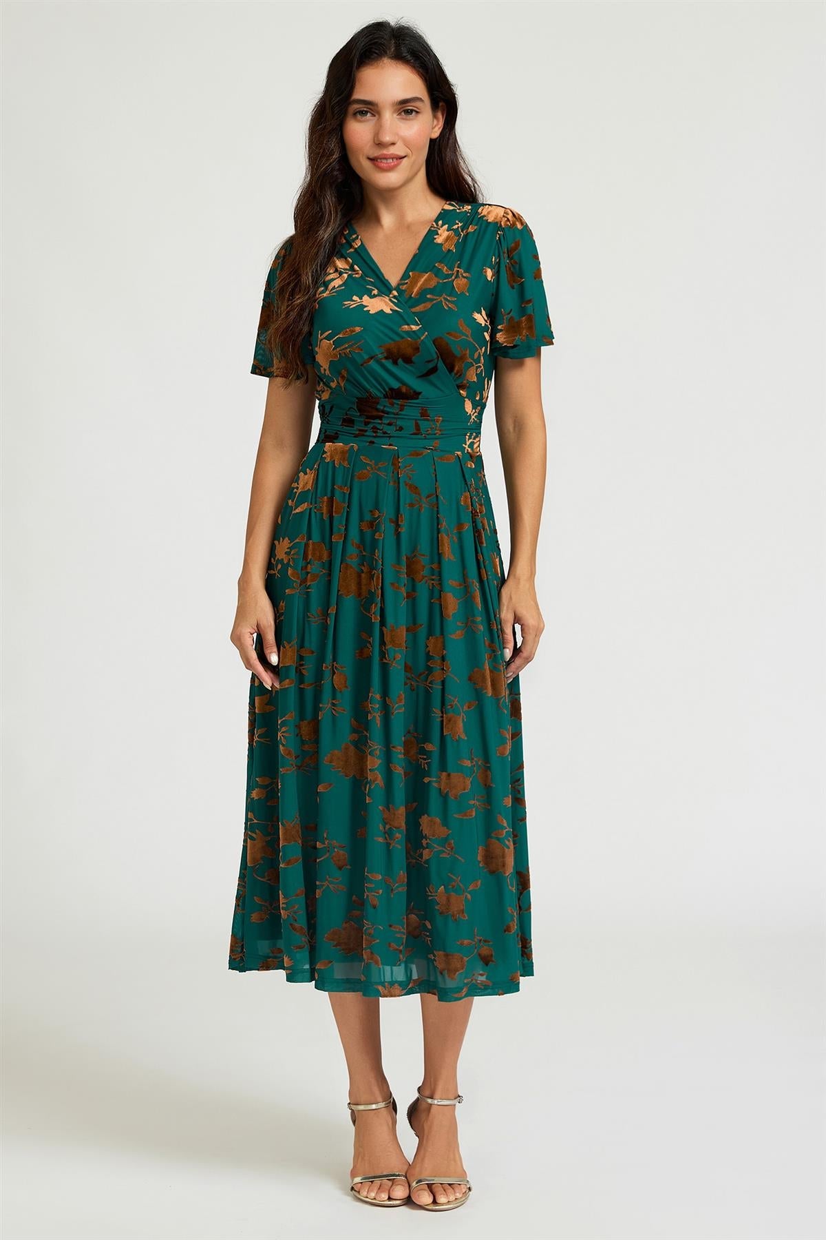 Velvet Flock Short Sleeve Midi Dress In Jade Green FS987