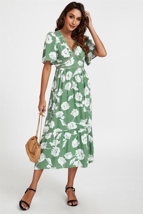 FS Collection White Floral Print Lace Detail Angel Sleeve Midi Dress In Green