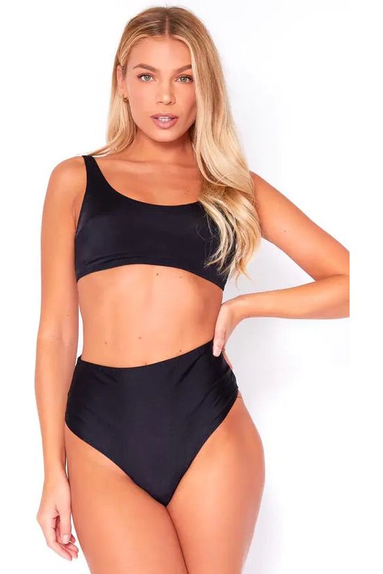 High Waisted Thong Bikini Bottoms In Black BTB19