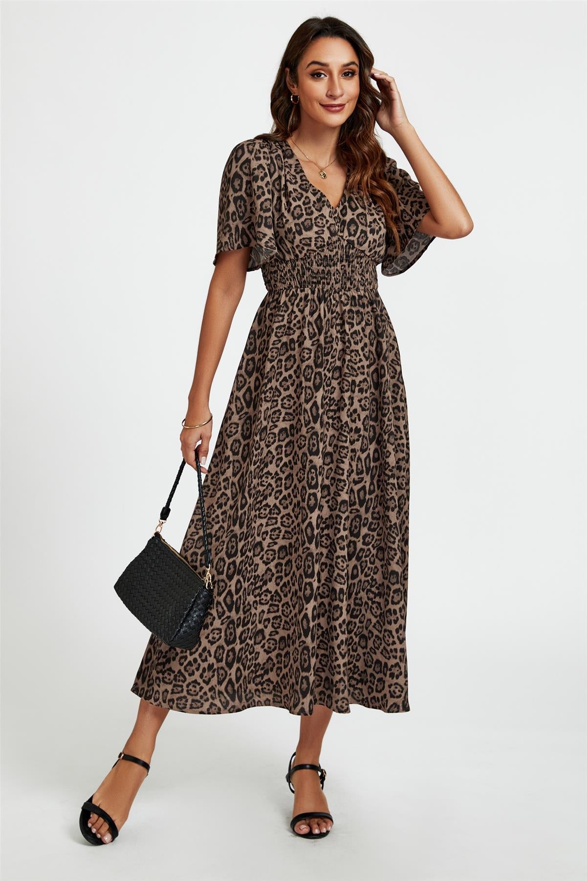 Leopard Print V Neck Midi Dress In Brown FS763-BrownLeopard