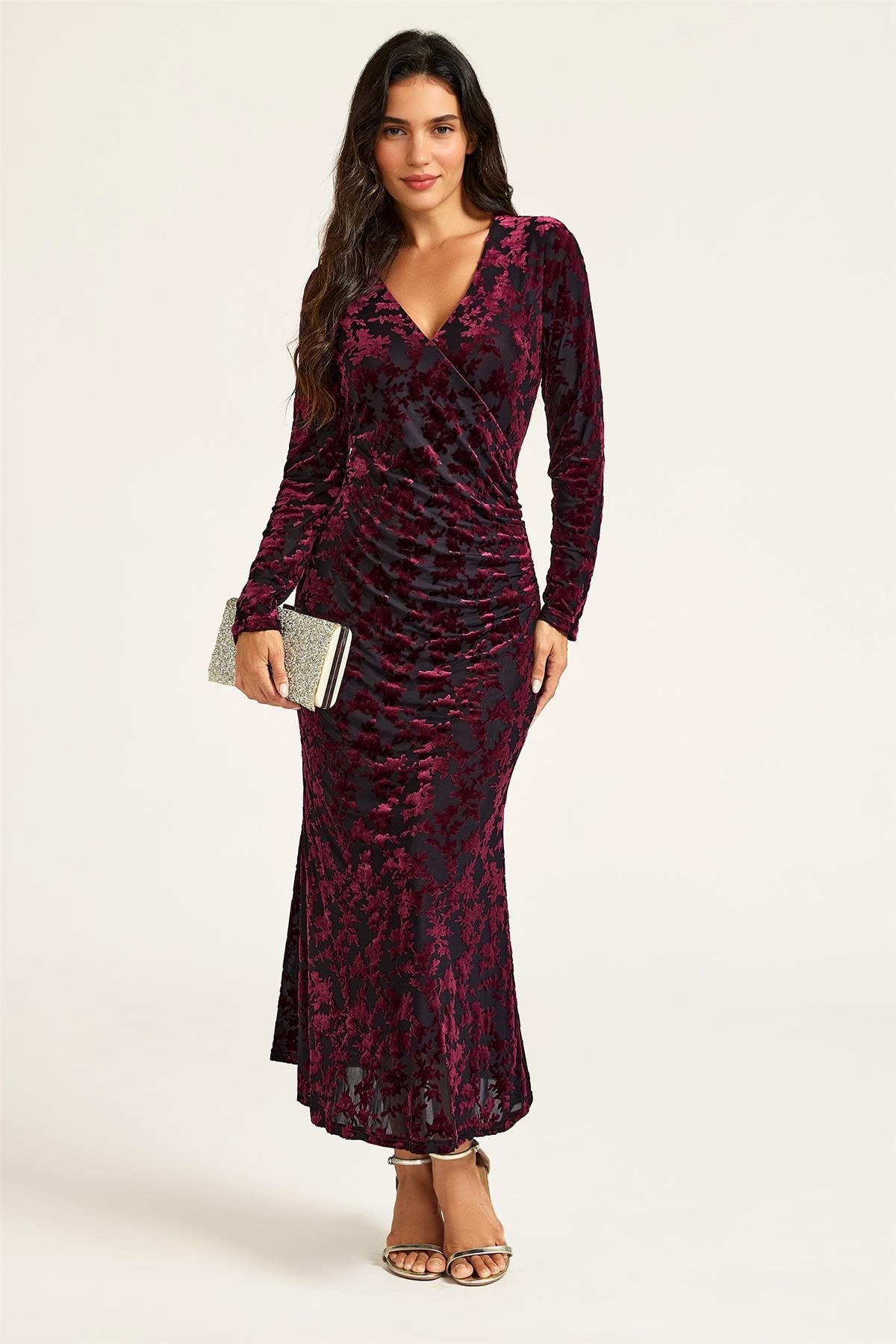 Wine Floral Velvet Devore Long Sleeve Wrap Midi Dress In Black FS902