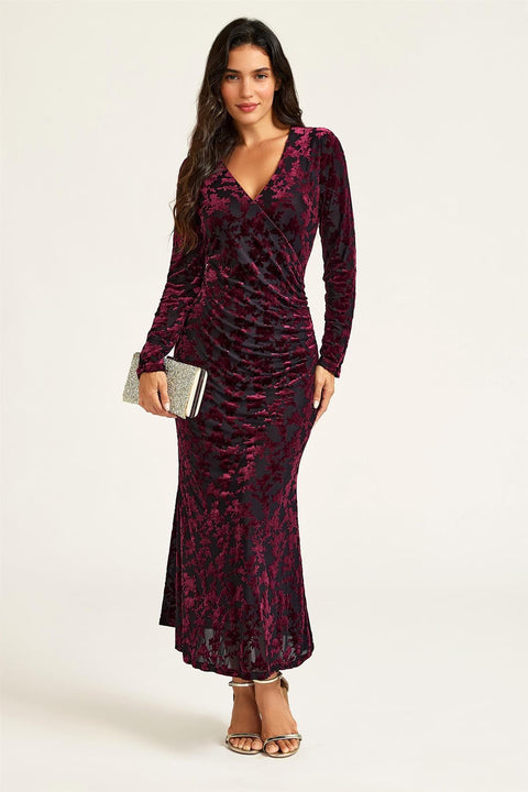 Wine Floral Velvet Devore Long Sleeve Wrap Midi Dress In Black by FS Collection
