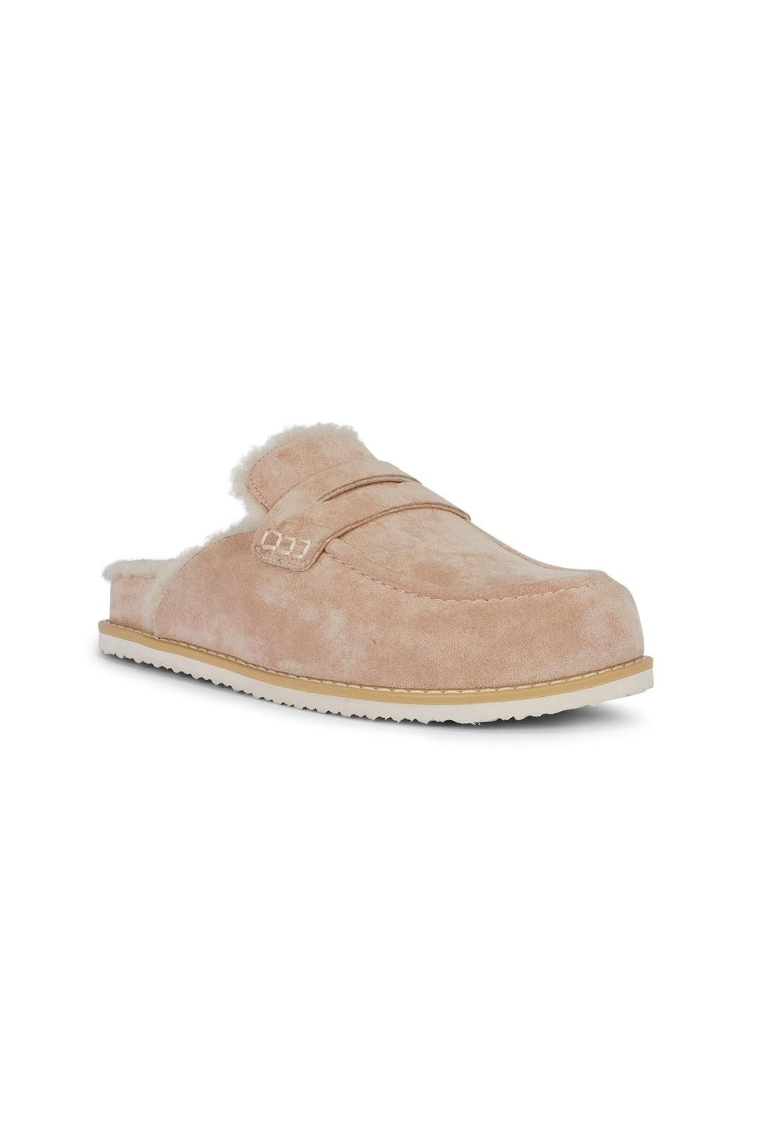 Alviera Fur Detail Backless Mule Loafer Slippers In Beige DONALD1-BEISU