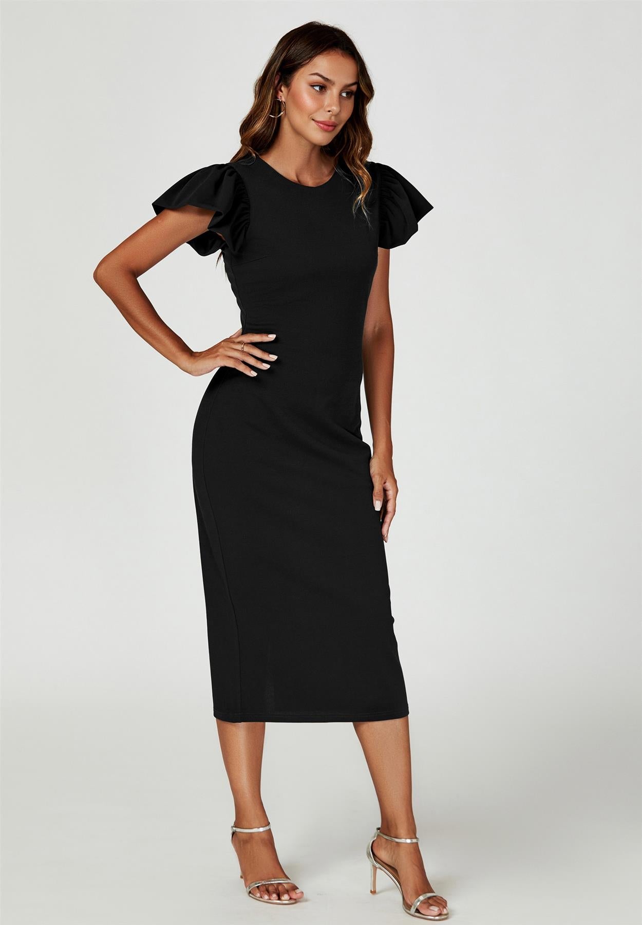 Volume Sleeve Bodycon Midi Dress In Black FS770-Black