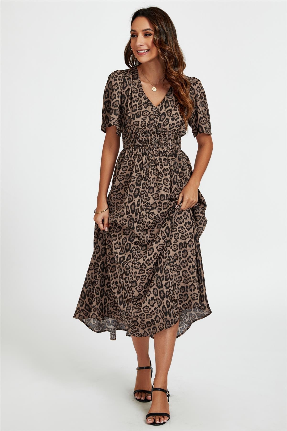 Leopard Print V Neck Midi Dress In Brown FS763-BrownLeopard