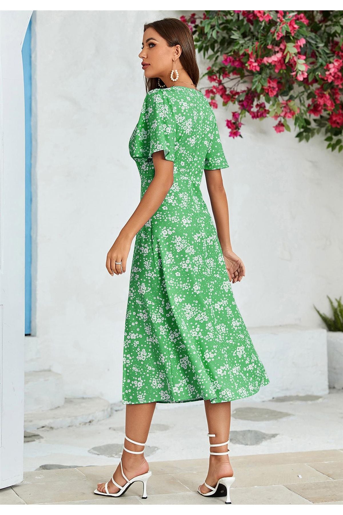 Floral Print Angel Sleeve Midi Dress In Spring Green FS554-SpringGreen