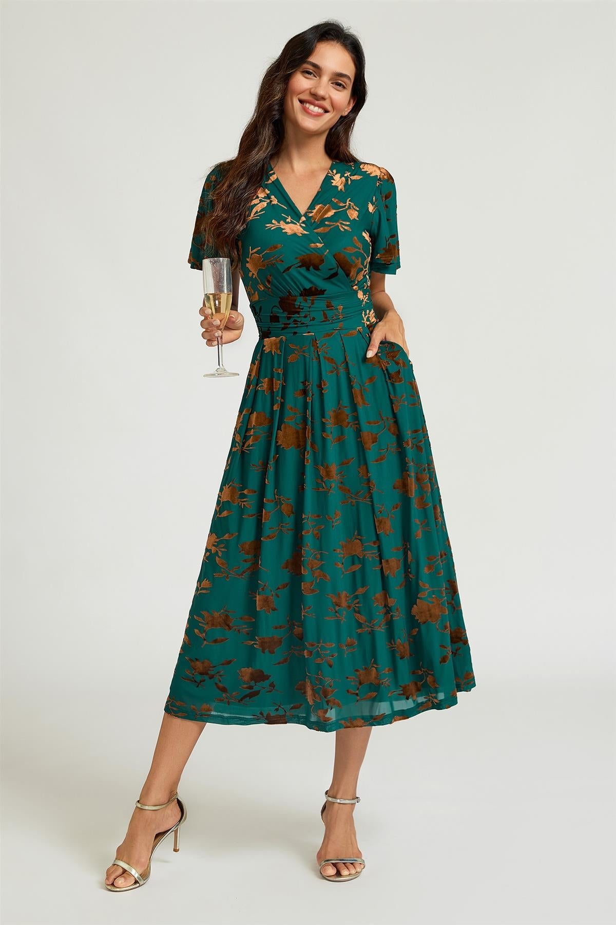 Velvet Flock Short Sleeve Midi Dress In Jade Green FS987