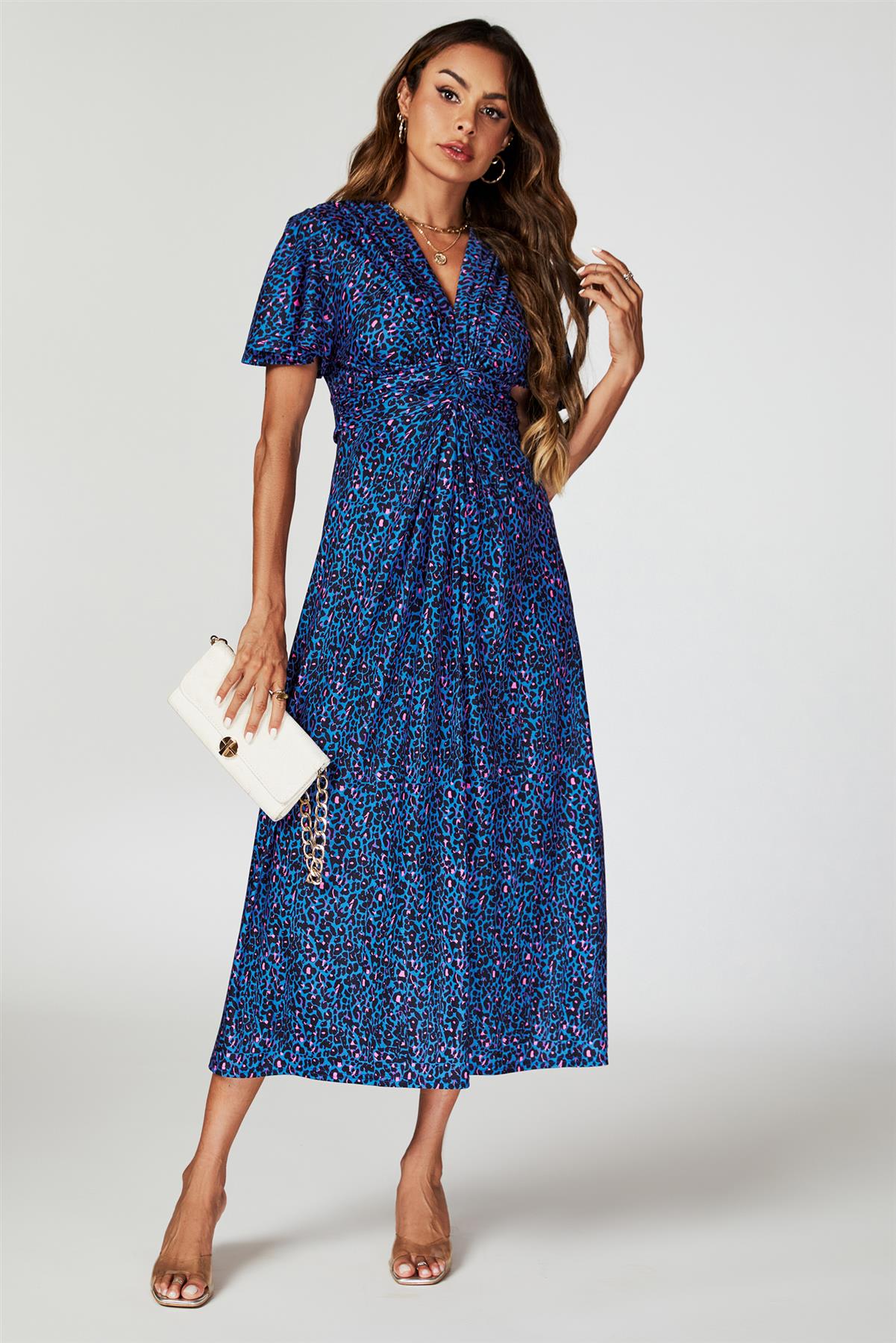 Animal Print Angel Sleeve Twist Maxi Dress In Blue FS742-BlueLeopard