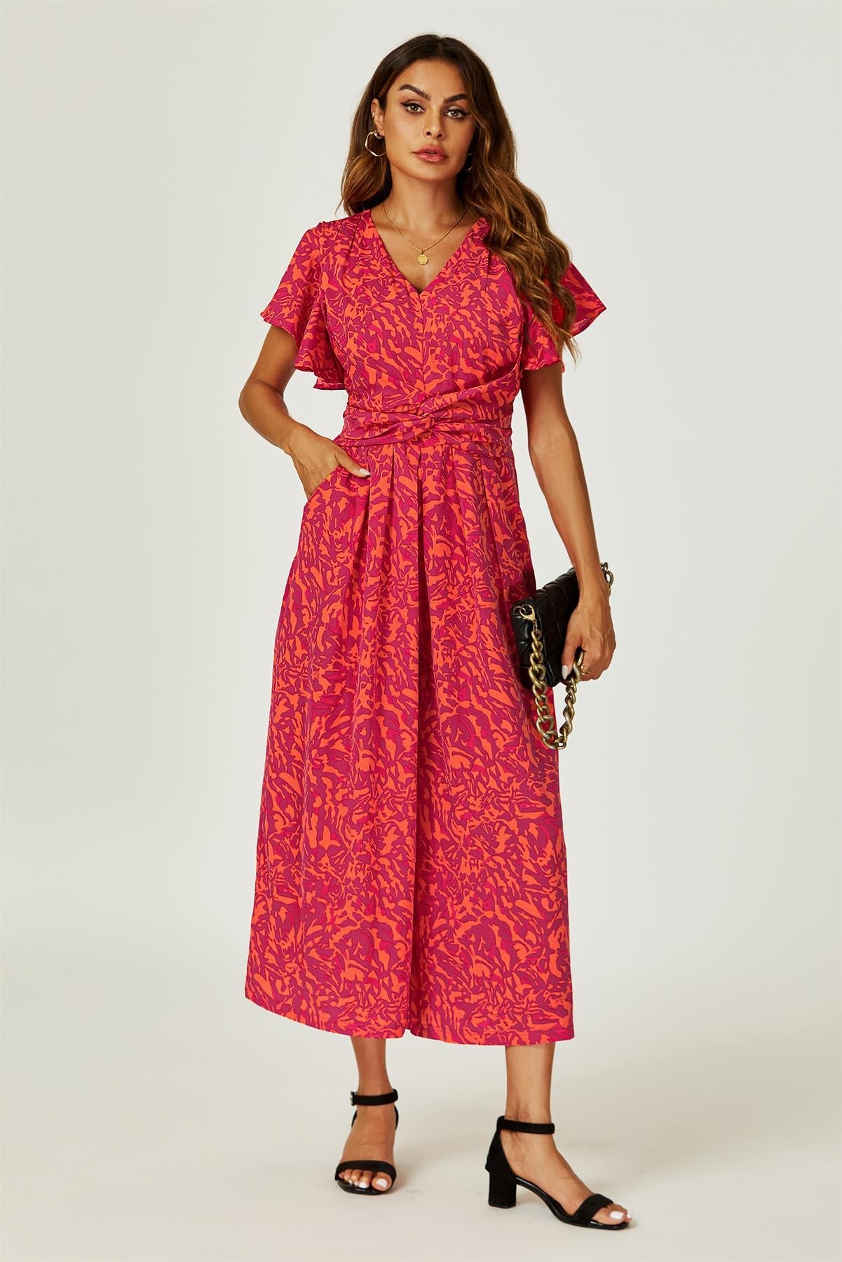 Printed Wide Leg Twist Jumpsuit In Fuchsia FS749-ROAP