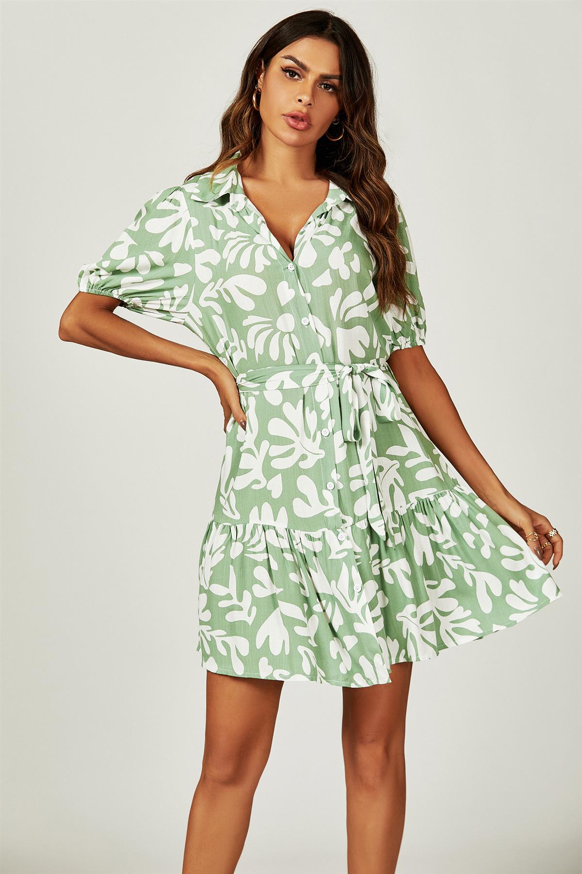 Floral Print Hem Tiered Shirt Mini Dress In Green FS655-GreenF