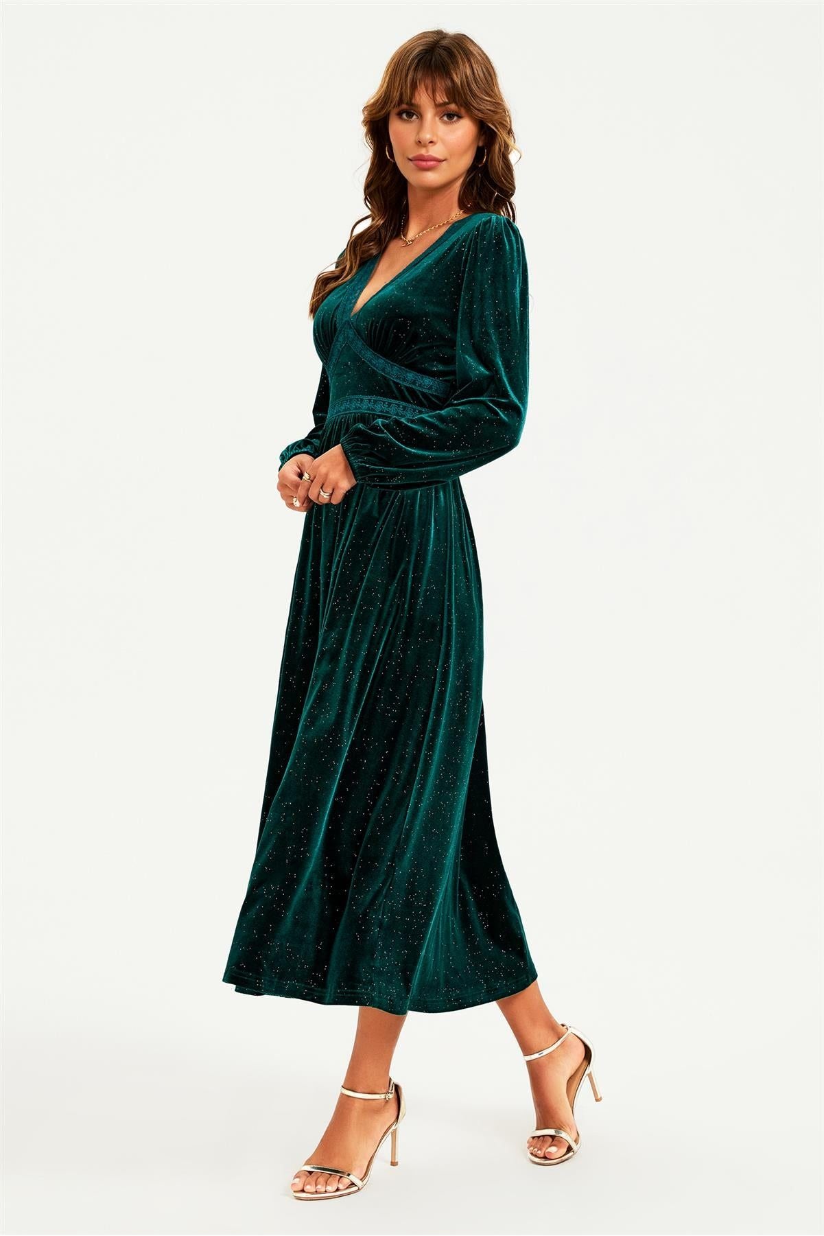 Silver Foil Velvet Lace Trim Neckline Midi Dress In Green | Goddiva Silver Foil Velvet Lace Trim Neckline Midi Dress In Green | Goddiva