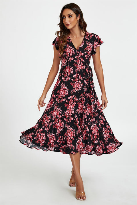 FS Collection Pink Floral Frill Sleeve Midi Wrap Dress In Black