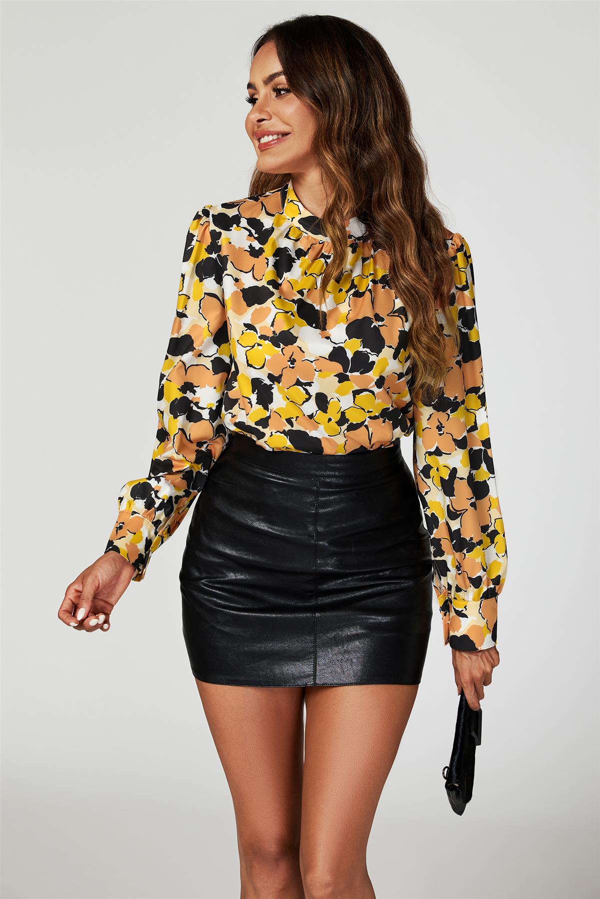 Floral Print Long Sleeve High Neck Top In Yellow FS616