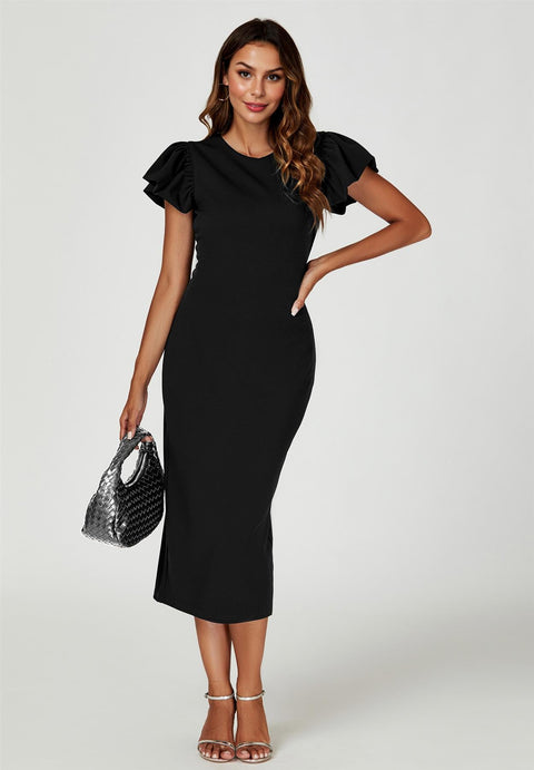 Volume Sleeve Bodycon Midi Dress In Black by FS Collection