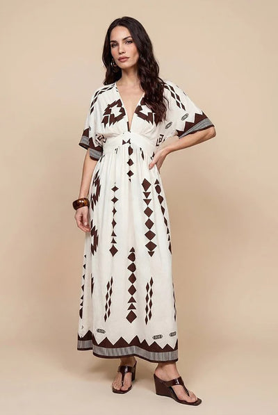 Brown - Pattern Angel Sleeve Maxi Dress by Urban Bliss