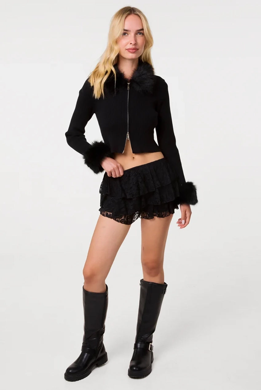 Fur Trim Zip Through Cardigan AW26008P003